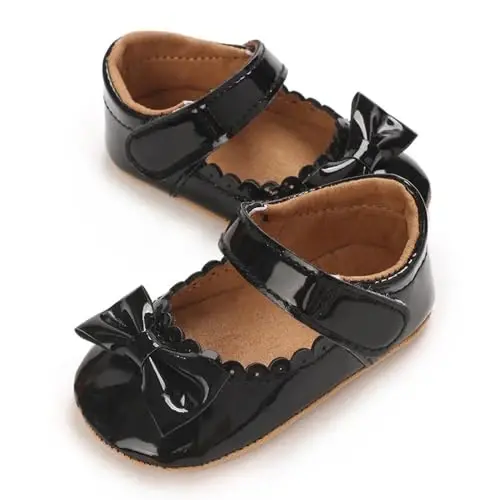 Clowora Infant Toddler Baby Girl Dress Shoes Mary Jane First Walking PU Leather Princess Wedding Rubber Sole Non-Slip with Bowknot Floral Flats - 5