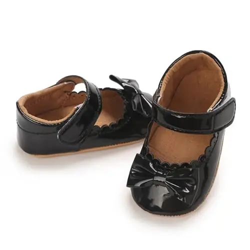 Clowora Infant Toddler Baby Girl Dress Shoes Mary Jane First Walking PU Leather Princess Wedding Rubber Sole Non-Slip with Bowknot Floral Flats - 6