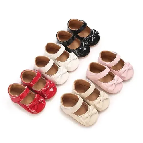 Clowora Infant Toddler Baby Girl Dress Shoes Mary Jane First Walking PU Leather Princess Wedding Rubber Sole Non-Slip with Bowknot Floral Flats - 7