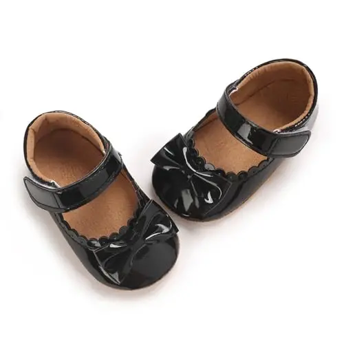 Clowora Infant Toddler Baby Girl Dress Shoes Mary Jane First Walking PU Leather Princess Wedding Rubber Sole Non-Slip with Bowknot Floral Flats - 4