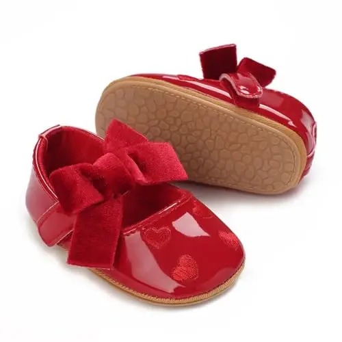 Clowora Infant Toddler Baby Girl Dress Shoes Mary Jane First Walking PU Leather Princess Wedding Rubber Sole Non-Slip with Bowknot Floral Flats - 4