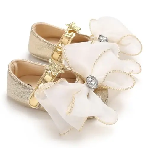 Clowora Infant Toddler Baby Girl Dress Shoes Mary Jane First Walking PU Leather Princess Wedding Rubber Sole Non-Slip with Bowknot Floral Flats - 2