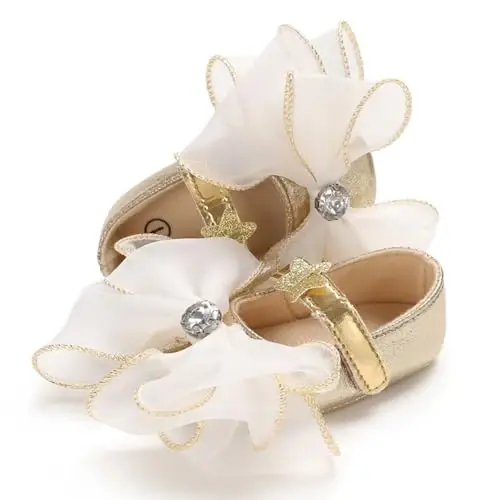Clowora Infant Toddler Baby Girl Dress Shoes Mary Jane First Walking PU Leather Princess Wedding Rubber Sole Non-Slip with Bowknot Floral Flats - 5