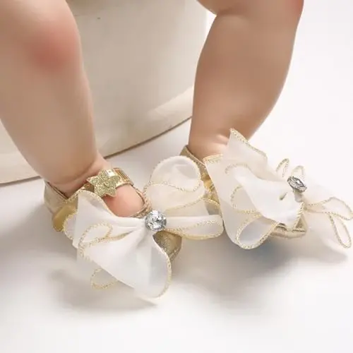 Clowora Infant Toddler Baby Girl Dress Shoes Mary Jane First Walking PU Leather Princess Wedding Rubber Sole Non-Slip with Bowknot Floral Flats - 6