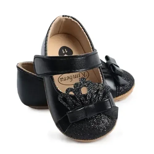 Clowora Infant Toddler Baby Girl Dress Shoes Mary Jane First Walking PU Leather Princess Wedding Rubber Sole Non-Slip with Bowknot Floral Flats - 5