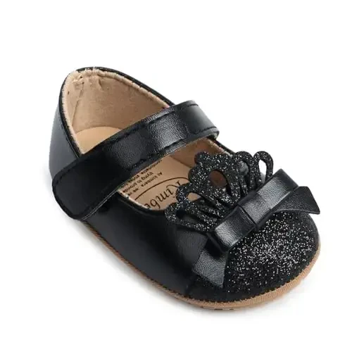 Clowora Infant Toddler Baby Girl Dress Shoes Mary Jane First Walking PU Leather Princess Wedding Rubber Sole Non-Slip with Bowknot Floral Flats - 6