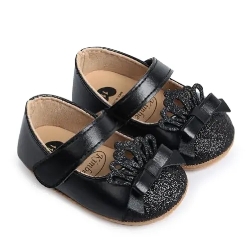Clowora Infant Toddler Baby Girl Dress Shoes Mary Jane First Walking PU Leather Princess Wedding Rubber Sole Non-Slip with Bowknot Floral Flats - 2