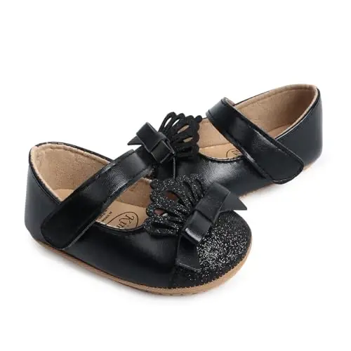 Clowora Infant Toddler Baby Girl Dress Shoes Mary Jane First Walking PU Leather Princess Wedding Rubber Sole Non-Slip with Bowknot Floral Flats - 3
