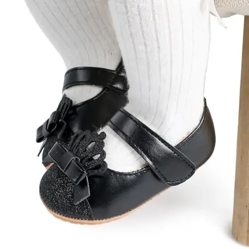Clowora Infant Toddler Baby Girl Dress Shoes Mary Jane First Walking PU Leather Princess Wedding Rubber Sole Non-Slip with Bowknot Floral Flats - 4