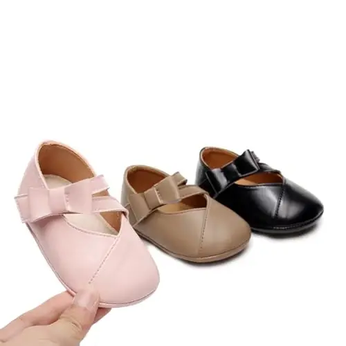 Clowora Infant Toddler Baby Girl Dress Shoes Mary Jane First Walking PU Leather Princess Wedding Rubber Sole Non-Slip with Bowknot Floral Flats - 4