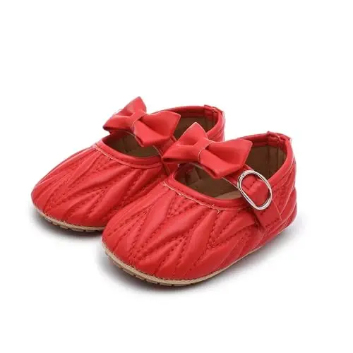 Clowora Infant Toddler Baby Girl Dress Shoes Mary Jane First Walking PU Leather Princess Wedding Rubber Sole Non-Slip with Bowknot Floral Flats - 2