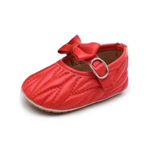 Clowora Infant Toddler Baby Girl Dress Shoes Mary Jane First Walking PU Leather Princess Wedding Rubber Sole Non-Slip with Bowknot Floral Flats - 3
