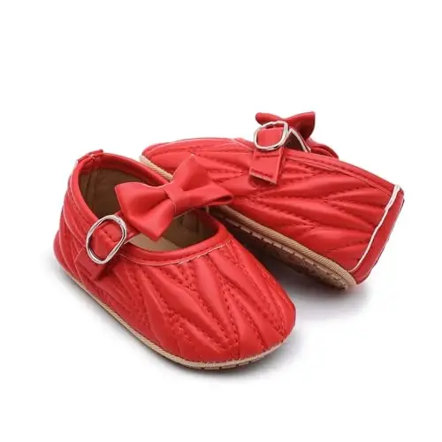Clowora Infant Toddler Baby Girl Dress Shoes Mary Jane First Walking PU Leather Princess Wedding Rubber Sole Non-Slip with Bowknot Floral Flats - 4
