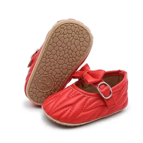 Clowora Infant Toddler Baby Girl Dress Shoes Mary Jane First Walking PU Leather Princess Wedding Rubber Sole Non-Slip with Bowknot Floral Flats 