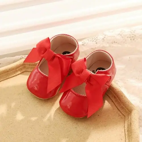 Clowora Infant Toddler Baby Girl Dress Shoes Mary Jane First Walking PU Leather Princess Wedding Rubber Sole Non-Slip with Bowknot Floral Flats - 4
