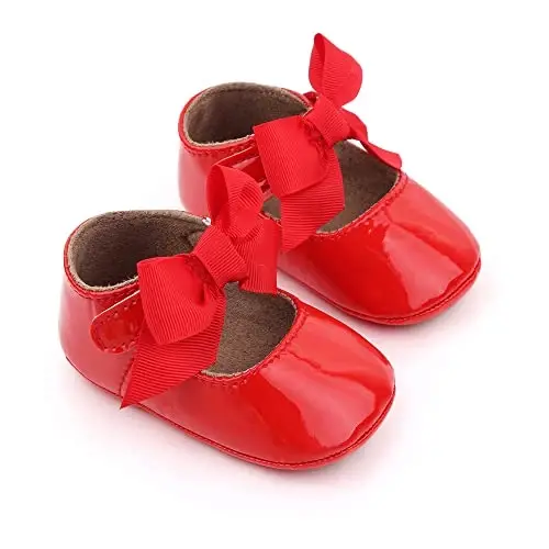 Clowora Infant Toddler Baby Girl Dress Shoes Mary Jane First Walking PU Leather Princess Wedding Rubber Sole Non-Slip with Bowknot Floral Flats - 5