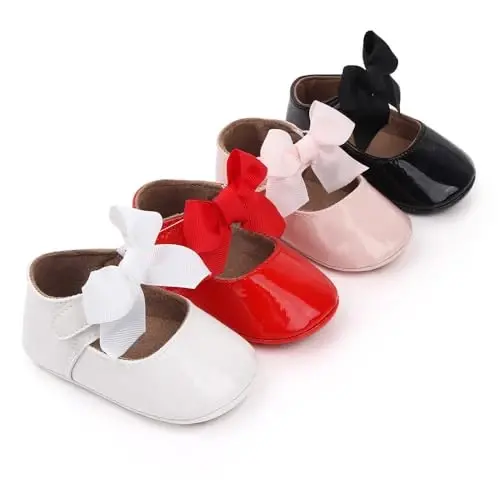 Clowora Infant Toddler Baby Girl Dress Shoes Mary Jane First Walking PU Leather Princess Wedding Rubber Sole Non-Slip with Bowknot Floral Flats - 6