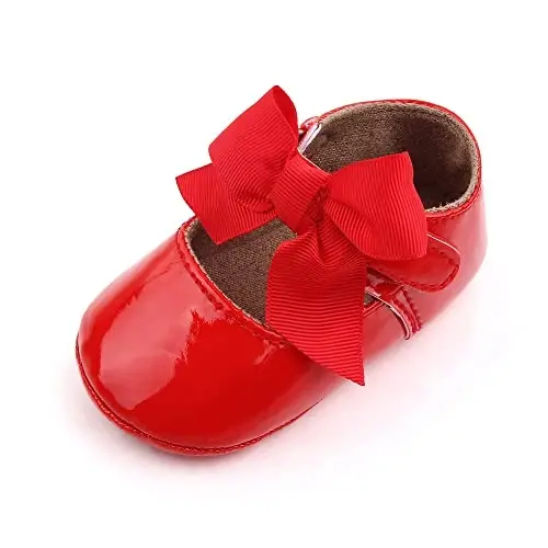 Clowora Infant Toddler Baby Girl Dress Shoes Mary Jane First Walking PU Leather Princess Wedding Rubber Sole Non-Slip with Bowknot Floral Flats 