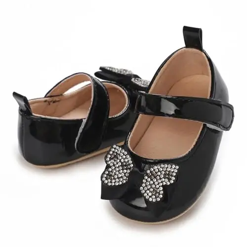 Clowora Infant Toddler Baby Girl Dress Shoes Mary Jane First Walking PU Leather Princess Wedding Rubber Sole Non-Slip with Bowknot Floral Flats - 4