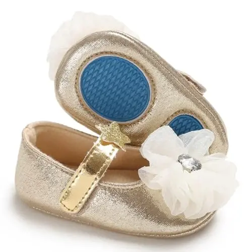 Clowora Infant Toddler Baby Girl Dress Shoes Mary Jane First Walking PU Leather Princess Wedding Rubber Sole Non-Slip with Bowknot Floral Flats - 1