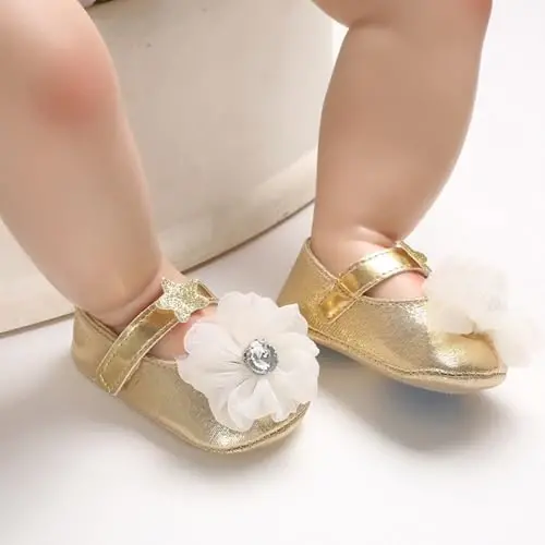 Clowora Infant Toddler Baby Girl Dress Shoes Mary Jane First Walking PU Leather Princess Wedding Rubber Sole Non-Slip with Bowknot Floral Flats - 5