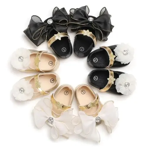 Clowora Infant Toddler Baby Girl Dress Shoes Mary Jane First Walking PU Leather Princess Wedding Rubber Sole Non-Slip with Bowknot Floral Flats - 7