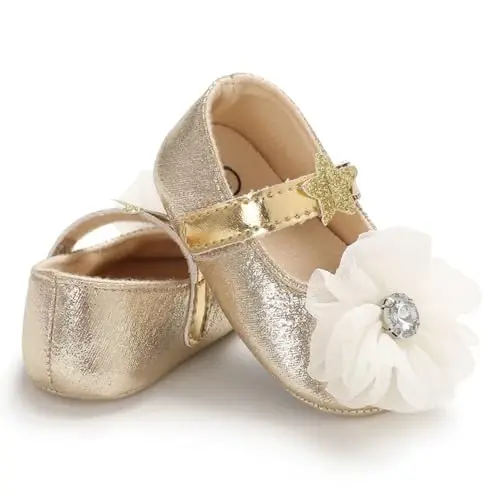 Clowora Infant Toddler Baby Girl Dress Shoes Mary Jane First Walking PU Leather Princess Wedding Rubber Sole Non-Slip with Bowknot Floral Flats - 6