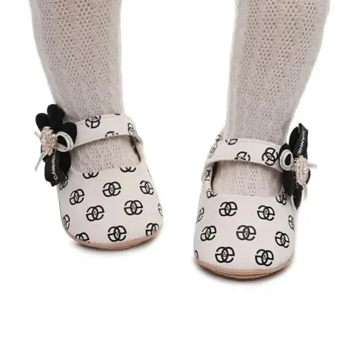 Clowora Infant Toddler Baby Girl Dress Shoes Mary Jane First Walking PU Leather Princess Wedding Rubber Sole Non-Slip with Bowknot Floral Flats - 3