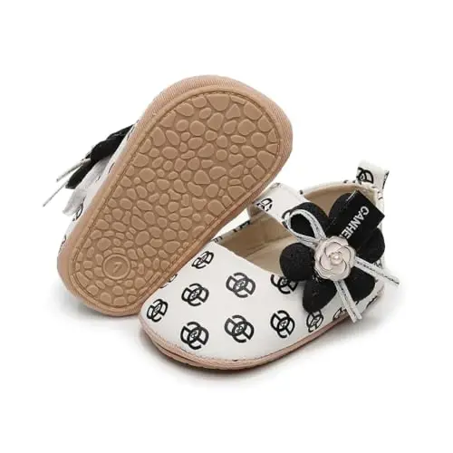 Clowora Infant Toddler Baby Girl Dress Shoes Mary Jane First Walking PU Leather Princess Wedding Rubber Sole Non-Slip with Bowknot Floral Flats - 1