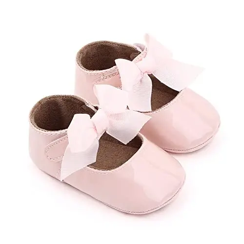 Clowora Infant Toddler Baby Girl Dress Shoes Mary Jane First Walking PU Leather Princess Wedding Rubber Sole Non-Slip with Bowknot Floral Flats - 2
