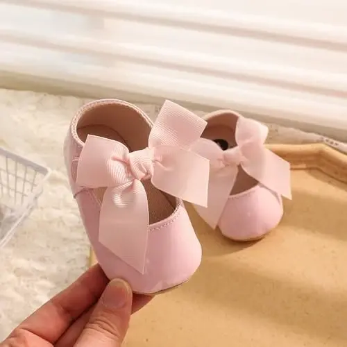 Clowora Infant Toddler Baby Girl Dress Shoes Mary Jane First Walking PU Leather Princess Wedding Rubber Sole Non-Slip with Bowknot Floral Flats - 5