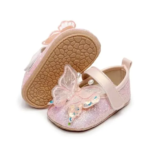 Clowora Infant Toddler Baby Girl Dress Shoes Mary Jane First Walking PU Leather Princess Wedding Rubber Sole Non-Slip with Bowknot Floral Flats - 1