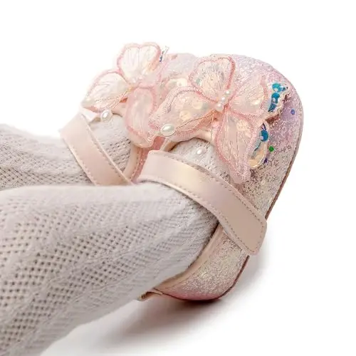 Clowora Infant Toddler Baby Girl Dress Shoes Mary Jane First Walking PU Leather Princess Wedding Rubber Sole Non-Slip with Bowknot Floral Flats - 2