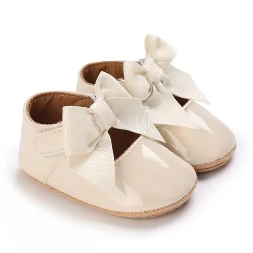Clowora Infant Toddler Baby Girl Dress Shoes Mary Jane First Walking PU Leather Princess Wedding Rubber Sole Non-Slip with Bowknot Floral Flats - 4