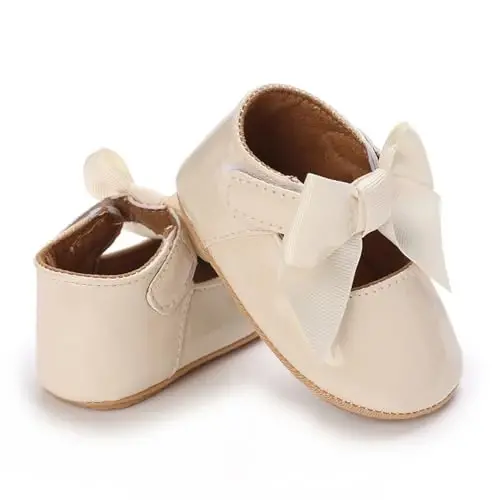 Clowora Infant Toddler Baby Girl Dress Shoes Mary Jane First Walking PU Leather Princess Wedding Rubber Sole Non-Slip with Bowknot Floral Flats - 5