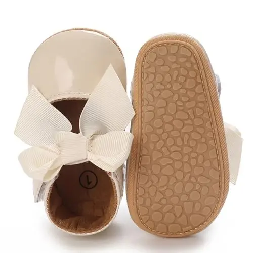 Clowora Infant Toddler Baby Girl Dress Shoes Mary Jane First Walking PU Leather Princess Wedding Rubber Sole Non-Slip with Bowknot Floral Flats - 2