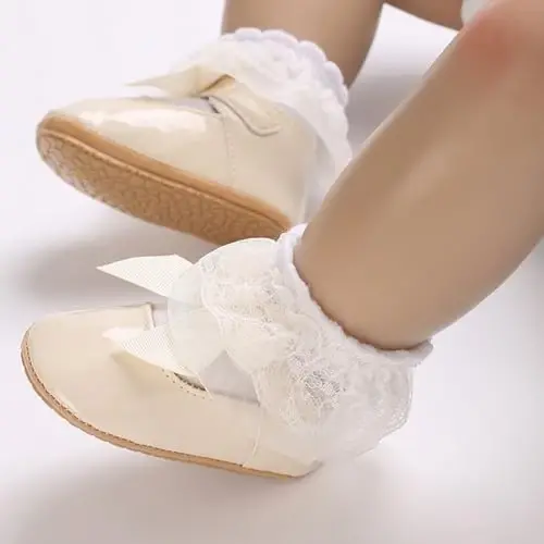 Clowora Infant Toddler Baby Girl Dress Shoes Mary Jane First Walking PU Leather Princess Wedding Rubber Sole Non-Slip with Bowknot Floral Flats - 6