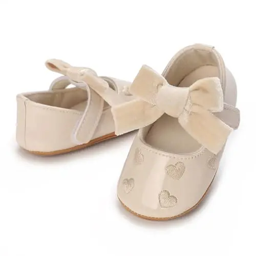 Clowora Infant Toddler Baby Girl Dress Shoes Mary Jane First Walking PU Leather Princess Wedding Rubber Sole Non-Slip with Bowknot Floral Flats - 6