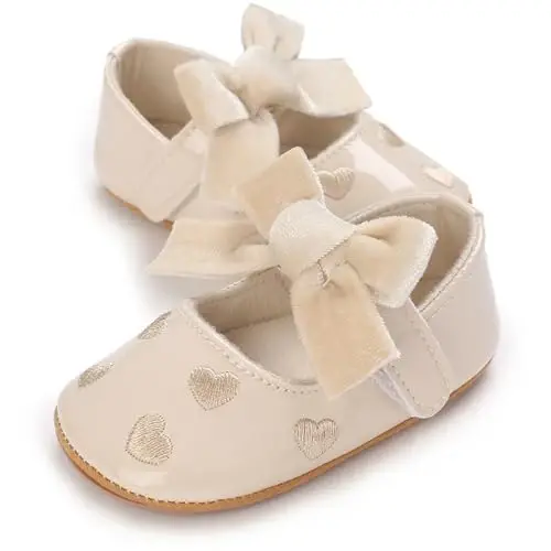 Clowora Infant Toddler Baby Girl Dress Shoes Mary Jane First Walking PU Leather Princess Wedding Rubber Sole Non-Slip with Bowknot Floral Flats - 5