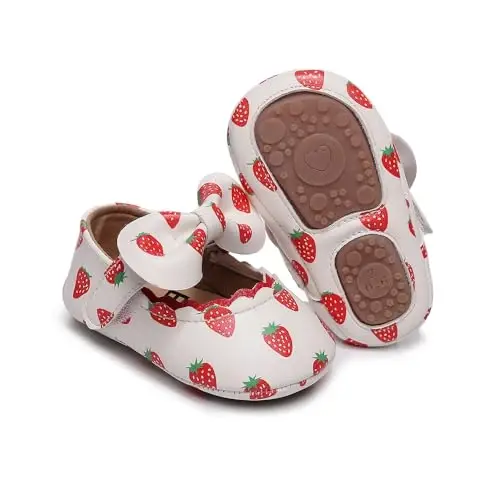 Clowora Infant Toddler Baby Girl Dress Shoes Mary Jane First Walking PU Leather Princess Wedding Rubber Sole Non-Slip with Bowknot Floral Flats - 1