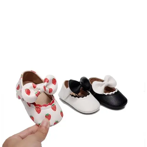 Clowora Infant Toddler Baby Girl Dress Shoes Mary Jane First Walking PU Leather Princess Wedding Rubber Sole Non-Slip with Bowknot Floral Flats - 2
