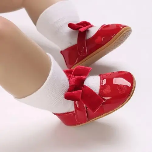Clowora Infant Toddler Baby Girl Dress Shoes Mary Jane First Walking PU Leather Princess Wedding Rubber Sole Non-Slip with Bowknot Floral Flats - 3