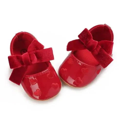 Clowora Infant Toddler Baby Girl Dress Shoes Mary Jane First Walking PU Leather Princess Wedding Rubber Sole Non-Slip with Bowknot Floral Flats - 6