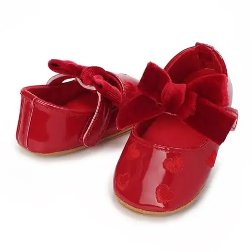 Clowora Infant Toddler Baby Girl Dress Shoes Mary Jane First Walking PU Leather Princess Wedding Rubber Sole Non-Slip with Bowknot Floral Flats - 7