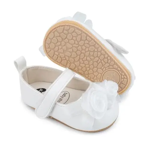 Clowora Infant Toddler Baby Girl Dress Shoes Mary Jane First Walking PU Leather Princess Wedding Rubber Sole Non-Slip with Bowknot Floral Flats - 1