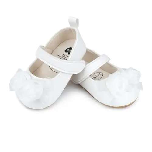 Clowora Infant Toddler Baby Girl Dress Shoes Mary Jane First Walking PU Leather Princess Wedding Rubber Sole Non-Slip with Bowknot Floral Flats - 3