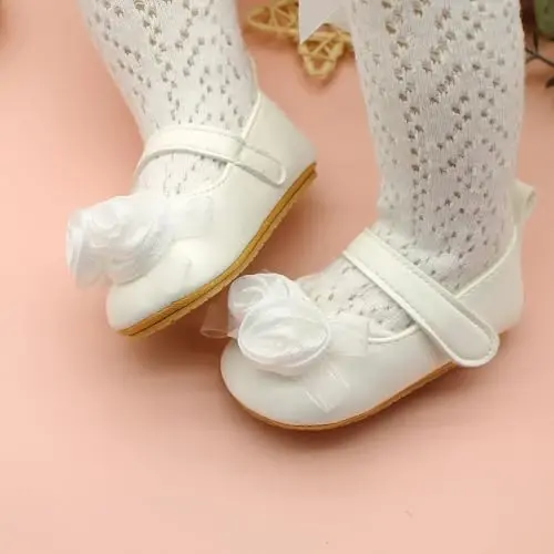 Clowora Infant Toddler Baby Girl Dress Shoes Mary Jane First Walking PU Leather Princess Wedding Rubber Sole Non-Slip with Bowknot Floral Flats - 4