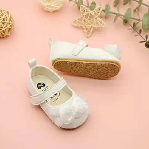Clowora Infant Toddler Baby Girl Dress Shoes Mary Jane First Walking PU Leather Princess Wedding Rubber Sole Non-Slip with Bowknot Floral Flats - 5