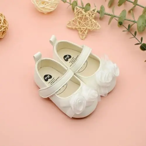 Clowora Infant Toddler Baby Girl Dress Shoes Mary Jane First Walking PU Leather Princess Wedding Rubber Sole Non-Slip with Bowknot Floral Flats - 6