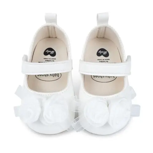 Clowora Infant Toddler Baby Girl Dress Shoes Mary Jane First Walking PU Leather Princess Wedding Rubber Sole Non-Slip with Bowknot Floral Flats - 2